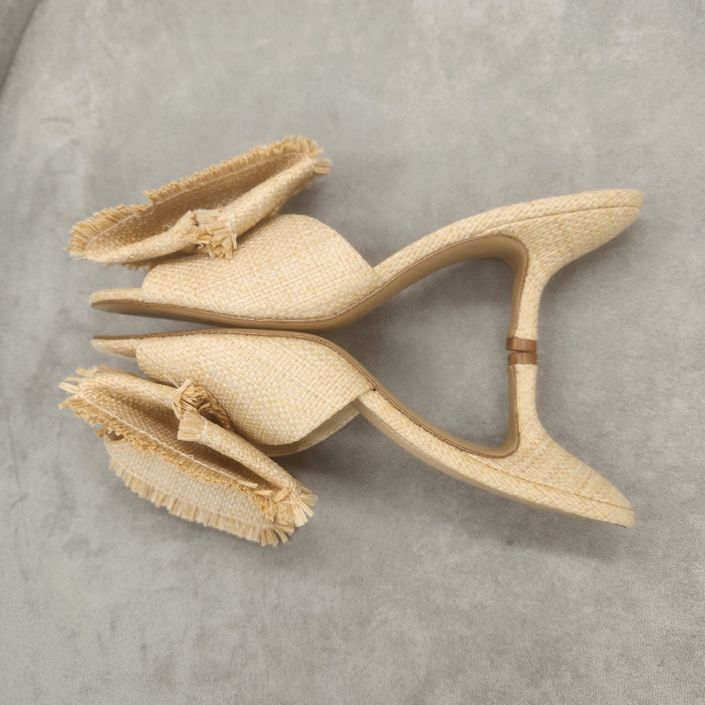 Gianni Bini Mules 8.5 Nude Beige Raffia Le Cadeau Kitten Heel Chunky Bow New$100 - Picture 3 of 16